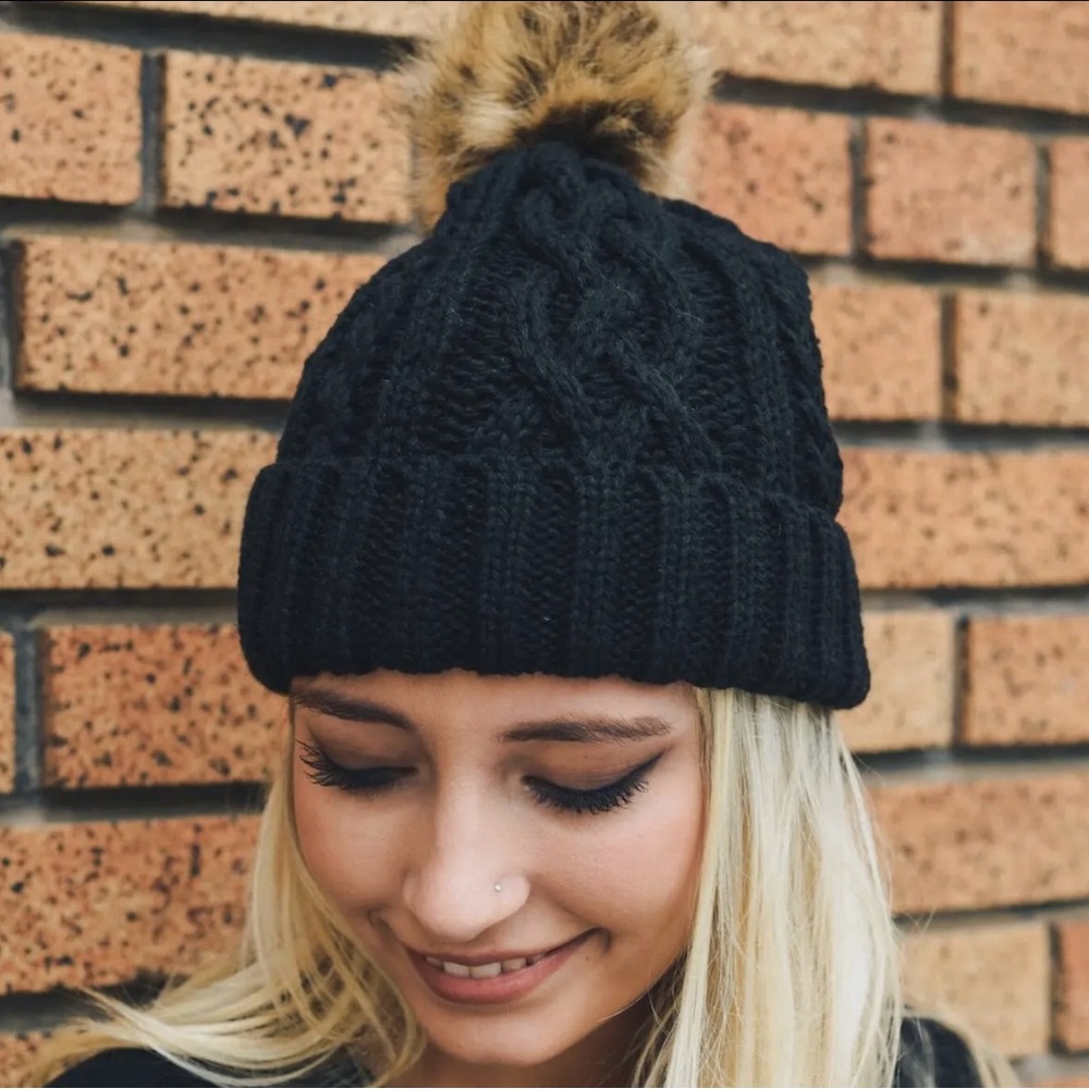 Black Cable Knit Pom-Pom Beanie